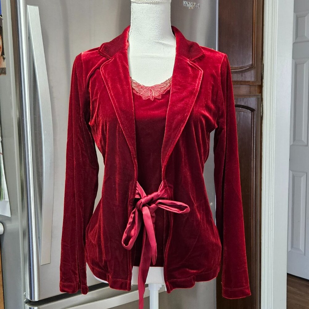Red Velvet White Stag Womens Sz S Top Tie Waist Festive Romantic Holiday Glam